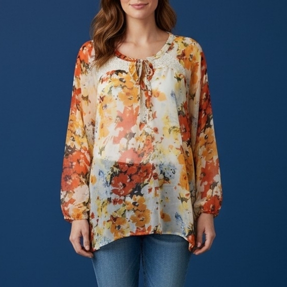 SML Sport Tops - SML SPORT Floral Semi-sheer Oversized Keyhole Bow Chiffon Top XL